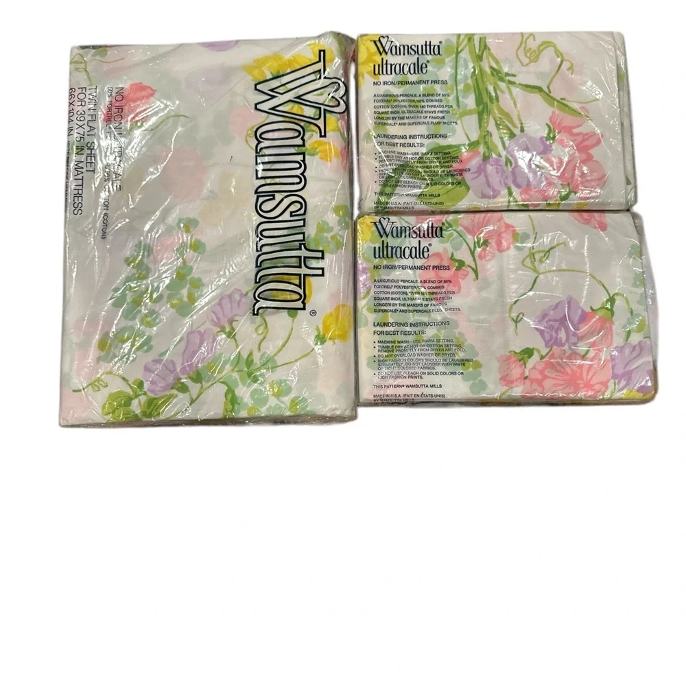 WAMSUTTA SWEET PEA FLORAL NO IRON ULTRACALE TWIN FLAT SHEET TWO PILLOWCASES SET